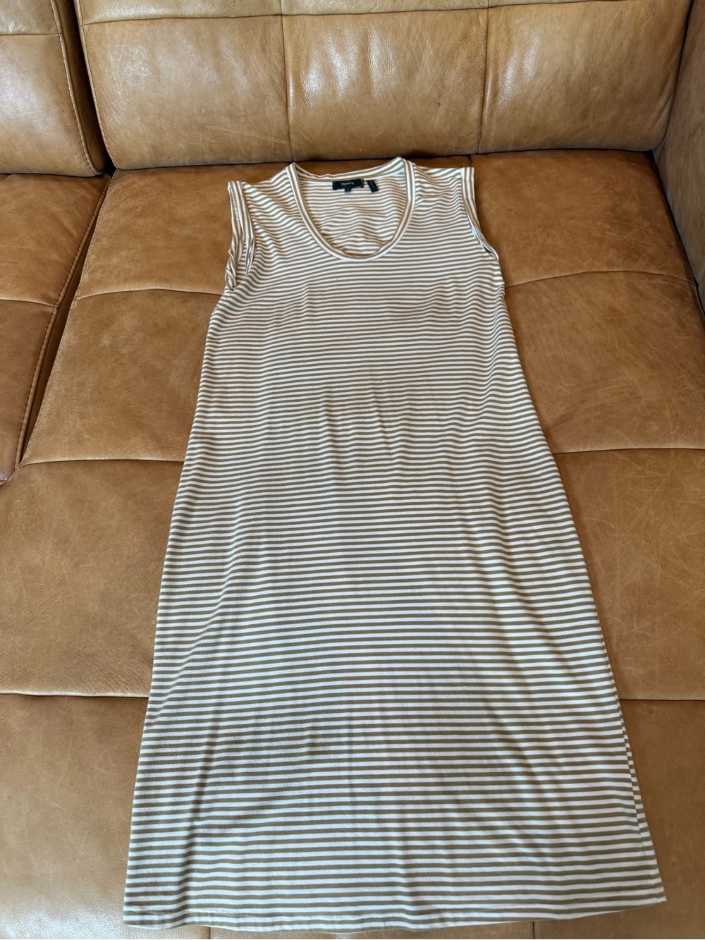 Theory Sleeveless Striped Knit Dress in Beige and White